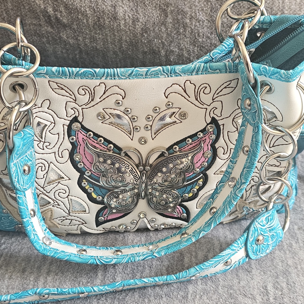 Embroidered Butterfly Women Bag And Wallet Set - Turquoise and White